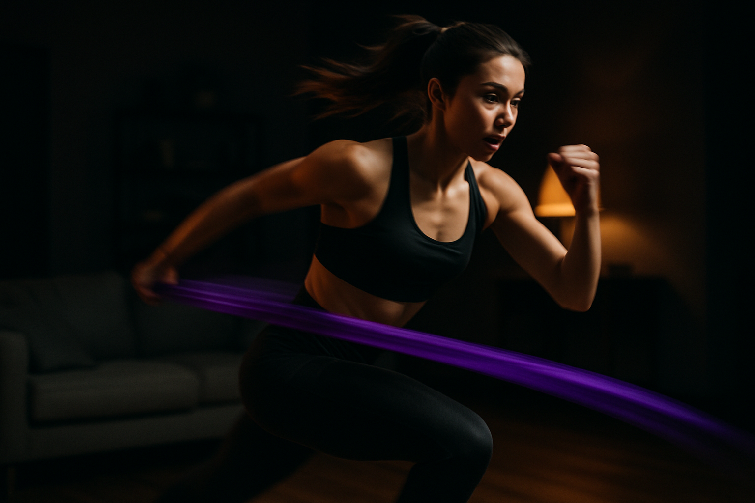 Il faudrait que tu fasses une image d'une femme jeune qui tire un élastique violet pour le sport, faudrait un mouvement très rapide. Le décore doit être dans une maison, mais avec un fond assez sombre